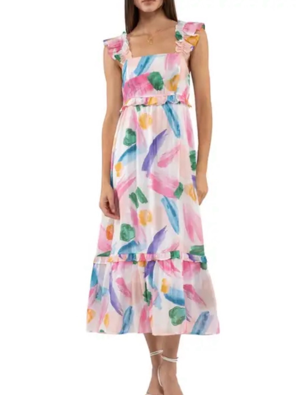 Blu Pepper Pink Multi Watercolor Floral Ruffle Midi Dress